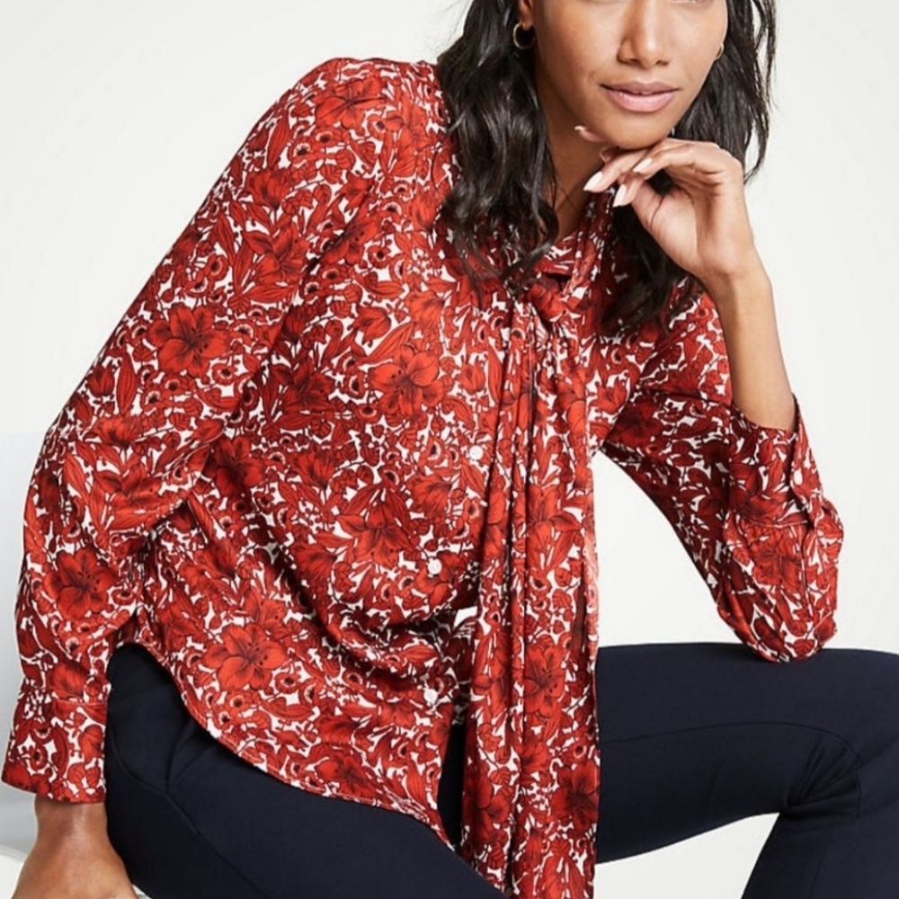 Ann Taylor Mystical Garden Floral Print Tie Neck Blouse Sz Small